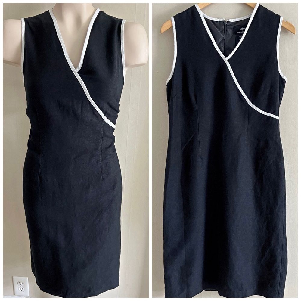 Vintage Nina Leonard Linen Blend Black White Trim Sheath Dress Size 8P